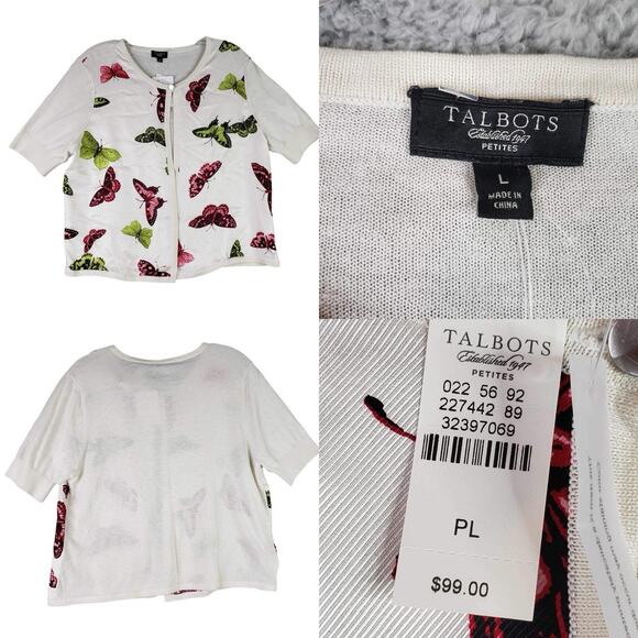 Talbots Sweater Cardigan Silk Butterflies Women’s Size Large L Petite White New - Picture 1 of 10